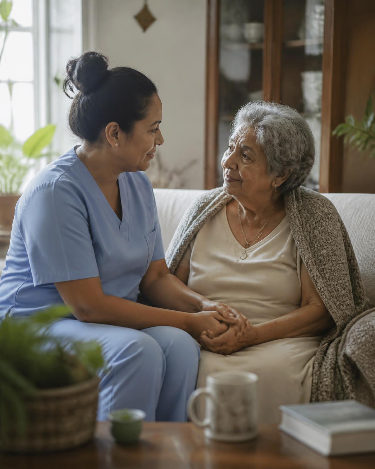 Enfermeira da REDECARE conversando com paciente idosa na sala de casa